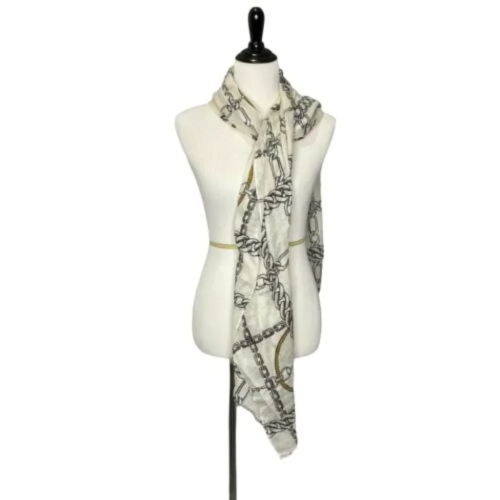 Women's‎ Scarf White Cream Silver Gold Link Equestrian Chain Rope Elegant Fray